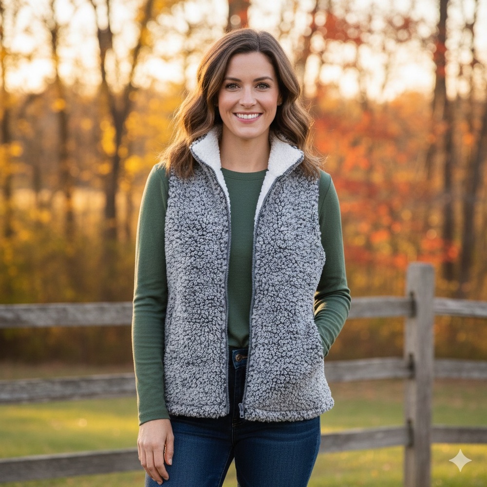 MEROKEETY Women's Gray Sherpa‎ Fleece Zip Up Vest with pockets size XL